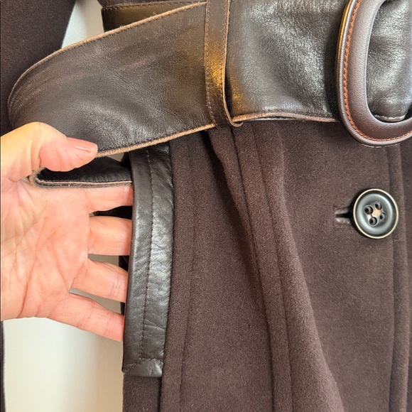 Arte Pelle Collection VTG Brown Wool Leather Trim Belted Pea Coat Women Size:P/S - Picture 9 of 12